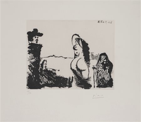 Pablo Picasso (Malaga 1881 - Mougins 1973)  - Un déjeuner sur l'herbe rembranesque, avec Maja et Célestine - Tav.211 dalla Suite 347, 1968