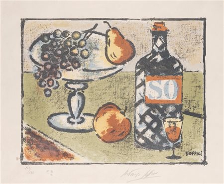 Ardengo Soffici (Rignano sull'Arno 1879 - Vittoria Apuana 1964)  - Bottiglia e fruttiera, 1960