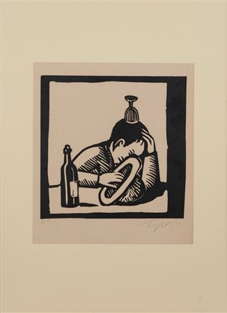 Roland Topor (Parigi 1938 - 1997)  - Uomo con cappello e bottiglie
