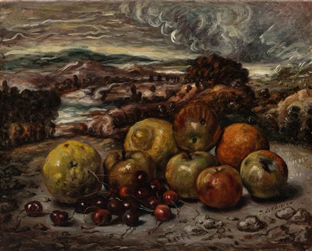 Giorgio de Chirico (Volos 1888 - Roma 1978)  - Frutta nel paesaggio, 1950