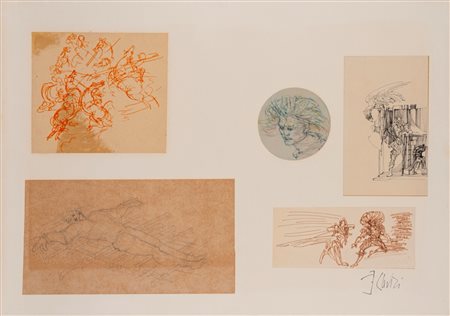 Fabrizio Clerici (Milano 1913 - Roma 1993)  - Lotto di cinque disegni raffiguranti studi per l’Orlando furioso, 1964