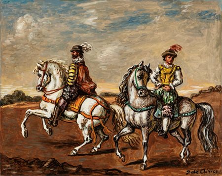 Giorgio de Chirico (Volos 1888 - Roma 1978)  - Due cavalieri in un paesaggio, 1960 ca.