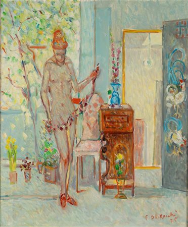 Francesco De Rocchi (Saronno 1902 - Milano 1978)  - Nudo in interno con fiori, 1975