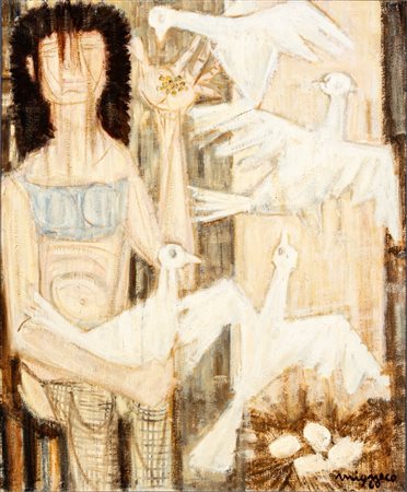 Giuseppe Migneco (Messina  1903 - Milano 1997)  - Donna con le colombe, 1960