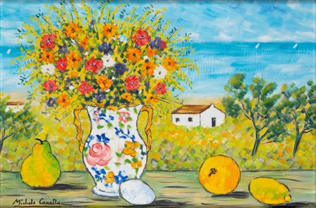 Michele Cascella (Ortona 1892 - Milano 1989)  - Vaso con fiori e frutta