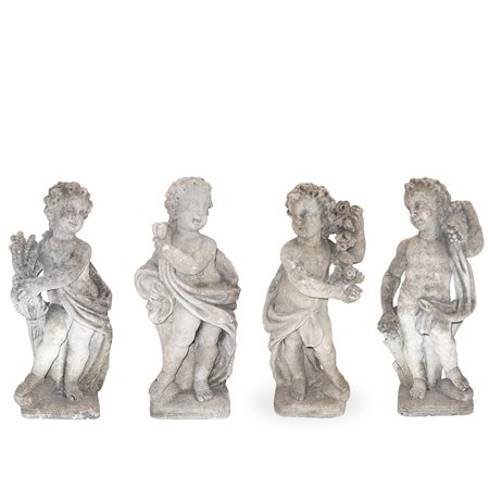 N°4 Putti in pietra bianca calcarea raffiguranti le 4 stagioni