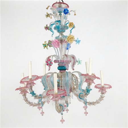 Lampadario in vetro di Murano policromo a 8 luci