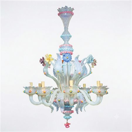 Lampadario in vetro di Murano lattimo con decori floreali policromi
