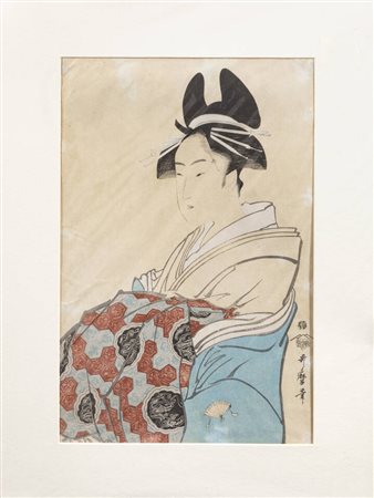 KITAGAWA UTAMARO<BR>Giappone 1753 ca - 1806<BR>Stampa con figura femminile