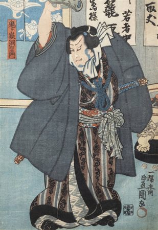 KUNISADA UTAGAWA<BR>Edo (Giappone ) 1786 - 1865 Edo (Giappone)<BR>Scena teatrale ambientata davanti a scorcio