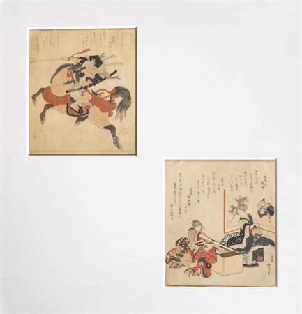 YANUGAWA SHIGENOBU -  HOKUSAI KATSUSHIKA<BR>Giappone XVIII-XIX<BR>Stampa dittico con guerriero a cavallo e preparazione del tè
