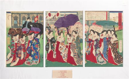YOSHITOSHI TSUKIOKA (SCUOLA DI)<BR>"Trittico Dame in parata a Edo", 1890 circa