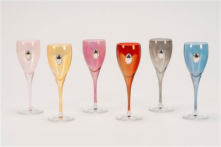 Sei bicchieri di colori diversi policromi in vetro di murano entro scatola firmata Cecconi Argenti