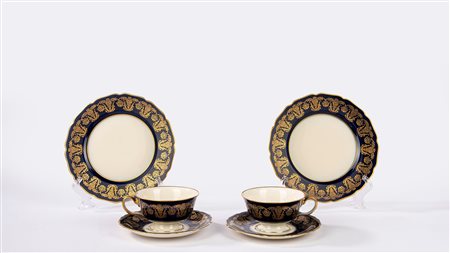 Servizio tete a tete in porcellana bianca con bordo blu e oro, Rosenthal secolo XX