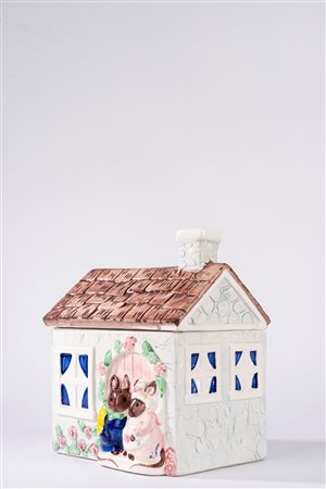 Biscottiera in ceramica policroma forma di casetta