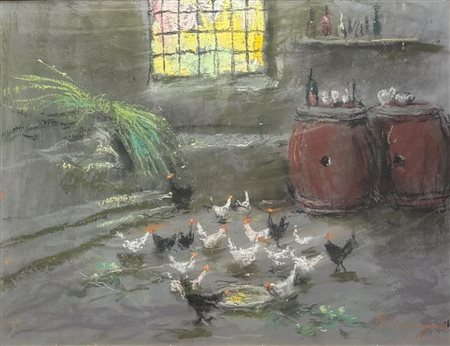 Roberto Carignani (1894 - 1975) 
Al cortile 
pastello su carta applicato su tavola 40 x 60 cm