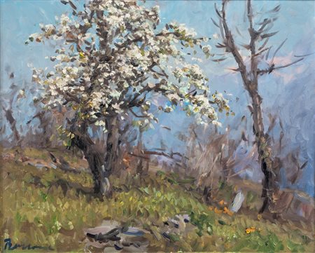 Carlo Bossone (1904 - 1991) 
Mandorlo in fiore 
Olio su tavola 40 x 60 cm