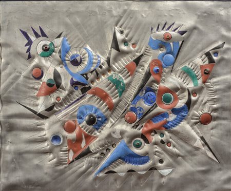 Umberto Mastroianni (1910 - 1998) 
Deux tensions 1982
piombo inciso, sbalzato e colorato 50 x 60 cm