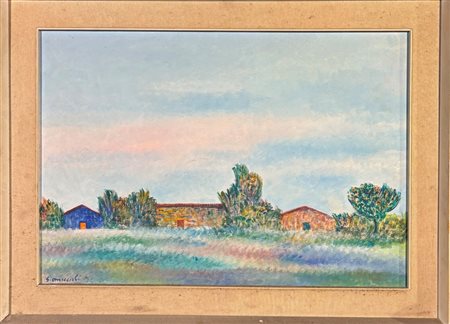 Giovanni Omiccioli (1901 - 1975) 
Casa e capanne a Fregene 
olio su compensato 50 x 73 cm