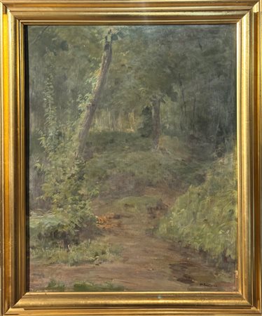 Pasquale Avallone (1884 - 1965) 
Paesaggio boschivo 
Olio su tavoletta 50 x 40 cm
