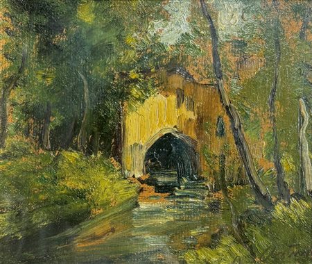 Antonio Asturi (1904 - 1986) 
Paesaggio boschivo 
tecnica mista su cartone 16 x 20 cm 