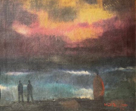 Knud Horup (1926 - 1973) 
Veduta marina con personaggi 
olio su tela 40 x 50 cm