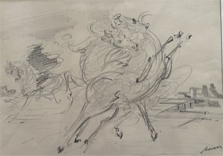 Aligi Sassu (1912 - 2000) 
Disegno raffigurante cavalli balzani 1981
matita su carta 30 x 21 cm