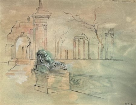 Alice Halicka (1895 - 1975) 
Capriccio con rovine 
tecnica mista su carta 23 x 3o cm