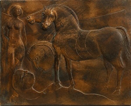 Bruno Cassinari (1912 - 1962) 
L'amore 
bassorilievo in bronzo 23,5 x 27 cm