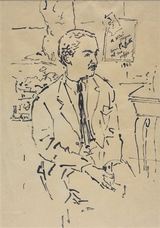 Orfeo Tamburi (1910 - 1994) 
Ritratto di uomo di profilo 1946
china su carta giallina 26,5 x 19 cm