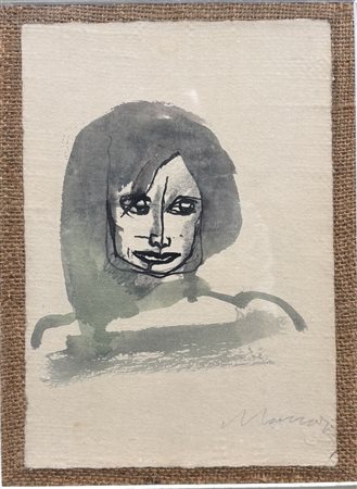 Mino Maccari (1898 - 1989) 
Ritratto femminile 
acquarello su carta applicata su tela 25 x 17,5 cm