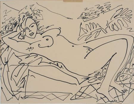Luigi Montanarini (1906 - 1998) 
Nudo femminile disteso 
inchiostro su carta giallina 21 x 26,5 cm