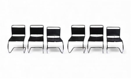 Ludwig Mies van der Rohe (1886 - 1969) 
Sei sedie, mod. "MR10" Seconda metà del XX secolo
acciaio e cuoio 80 x 50 x 70 cm