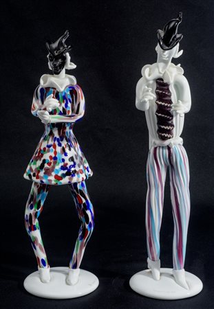 Fulvio Bianconi (1915 - 1996) 
Due sculture raffiguranti Pantalone e Arlecchino 1995
vetro di Murano 34 cm
