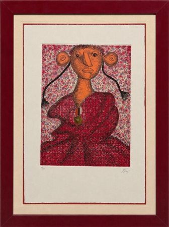 Enrico Baj (1924 - 2003) 
Marguerite d'Angouleme, Reine de Navarre 1978
acquatinta con inserto materico 70 x 50 cm