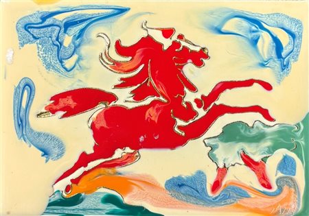 Aligi Sassu (1912 - 2000) 
Cavallo rosso 1989
piastra a smalti colorati 7 x 10 cm