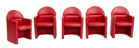 Paolo  Pininfarina (1958 - 2024) 
Lotto di 5 poltrone Ego e poltrona direzionale Ego President in pelle rossa per Ferrari 
 Ego: cm 87x60x50; Ego President cm 122x76x70