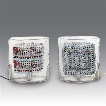 Fratelli Toso  
Coppia di lampade da tavolo in vetro a forte spessore con decoro centrale in murrina policroma - Murano anni '50
 cm 31x31