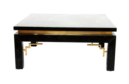  
Coppia di tavol bassi legno laccato nero con inserti in ottone  anni Settanta
 cm 37x80x80
