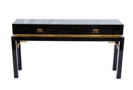  
Console in legno laccato e ottone con due cassetti al fronte anni '70
 cm 84x160x37