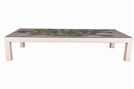 Aurelio Ceccarelli (firma_di) (1924 - 2014) 
Tavolo basso in legno dipinto a soggetto astratto. 
 cm 37x180x75