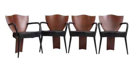 Borek Sipel (attribuito a) (1949 - 2016) 
Quattro sedie mod. Dalami, produzione Scarabas - Italia 2001
 cm 80x60x41