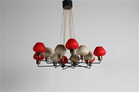 STILNOVO Grande lampadario a 12 luci in vetro satinato. ottone, vetro, ferro....