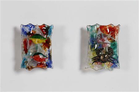 CENEDESE GINO Coppia di appliques vetro sommerso con pesci policromi. 1960....