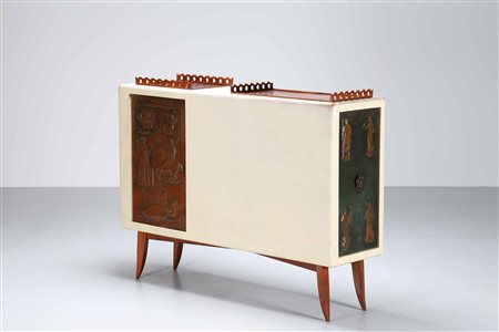 SCREMIN LUIGI (1896 - 1983) Mobile bar. Legno, pelle e rame. Cm 251,00 x...