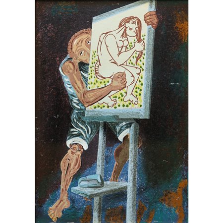 Giuseppe Migneco (Messina  1903 - Milano  1997)  - Uomo con quadro di donna