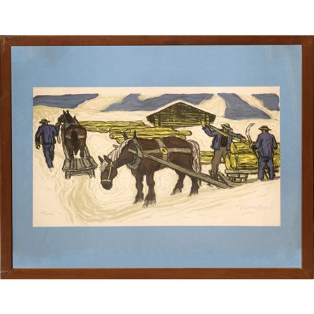 Taglialegna e cavalli in paesaggio innevato, 20th secolo