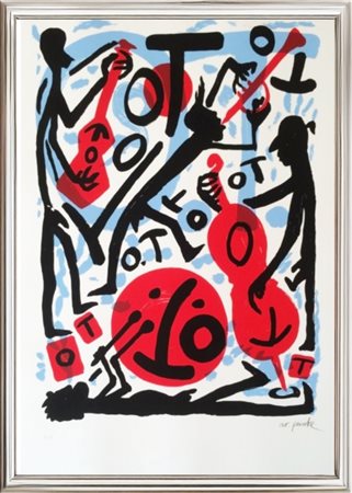 A.R. Penck, "Jazz Musikanten", 1989, Serigrafia su carta, cm 70 × 100...
