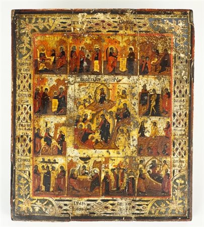 Antica icona russa "12 Feste", 19° secolo, Tempera all'uovo su legno 27 x 31...