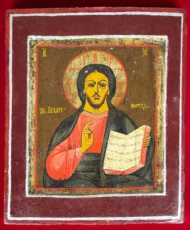 Antica icona russa "Cristo Pantocratore", 19° secolo, Tempera all'uovo su...